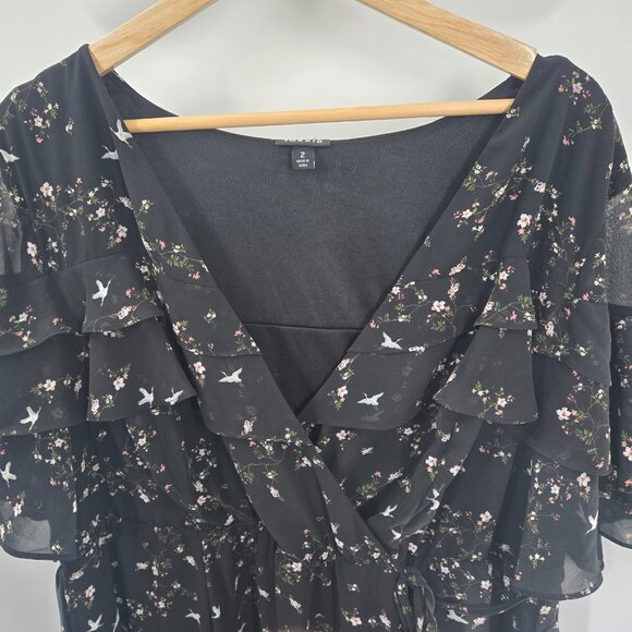 Black Torrid Floral Bird Chiffon V-Neck Short Sleeved Midi Dress Size 2/2X - Picture 3 of 16